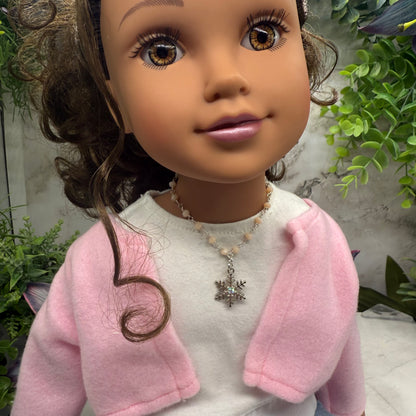 Light Pinkish Beige Glass Crystal Beaded Snowflake Doll Necklace • 18 Inch Fashion Doll Jewelry