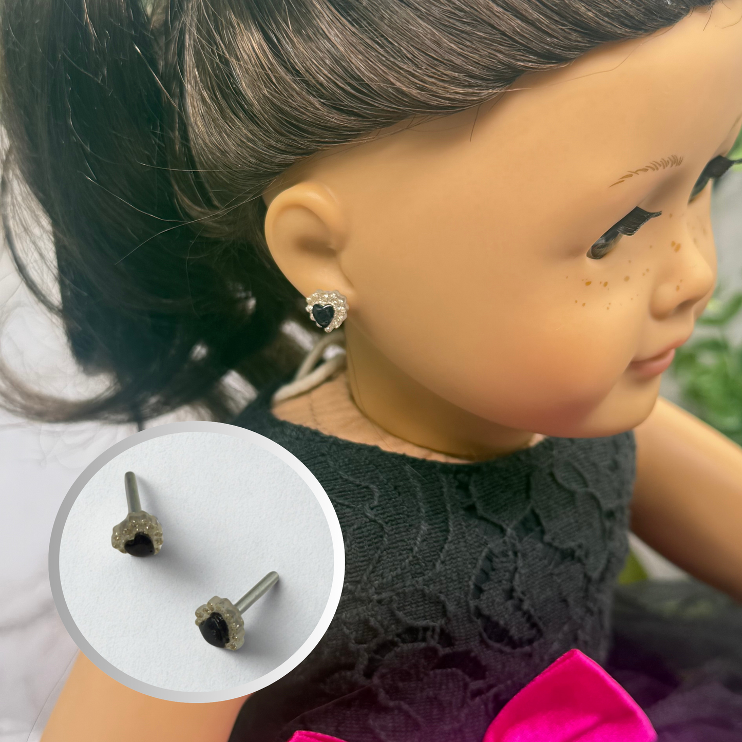 Sparkly Ruffled Black Center Heart Post Doll Earrings • 2mm Post for 18 Inch Fashion Doll