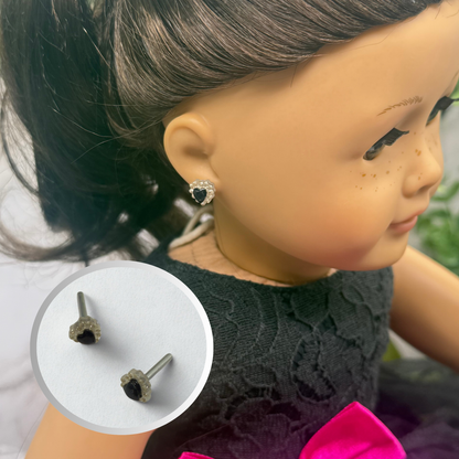 Sparkly Ruffled Black Center Heart Post Doll Earrings • 2mm Post for 18 Inch Fashion Doll