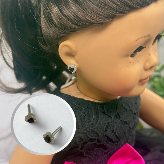 Sparkly Ruffled Black Center Heart Post Doll Earrings • 2mm Post for 18 Inch Fashion Doll