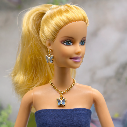 Blue Crystal Butterfly Charm Gold Chain Doll Necklace & Earrings • 10-12 Inch Fashion Doll Jewelry 1:6