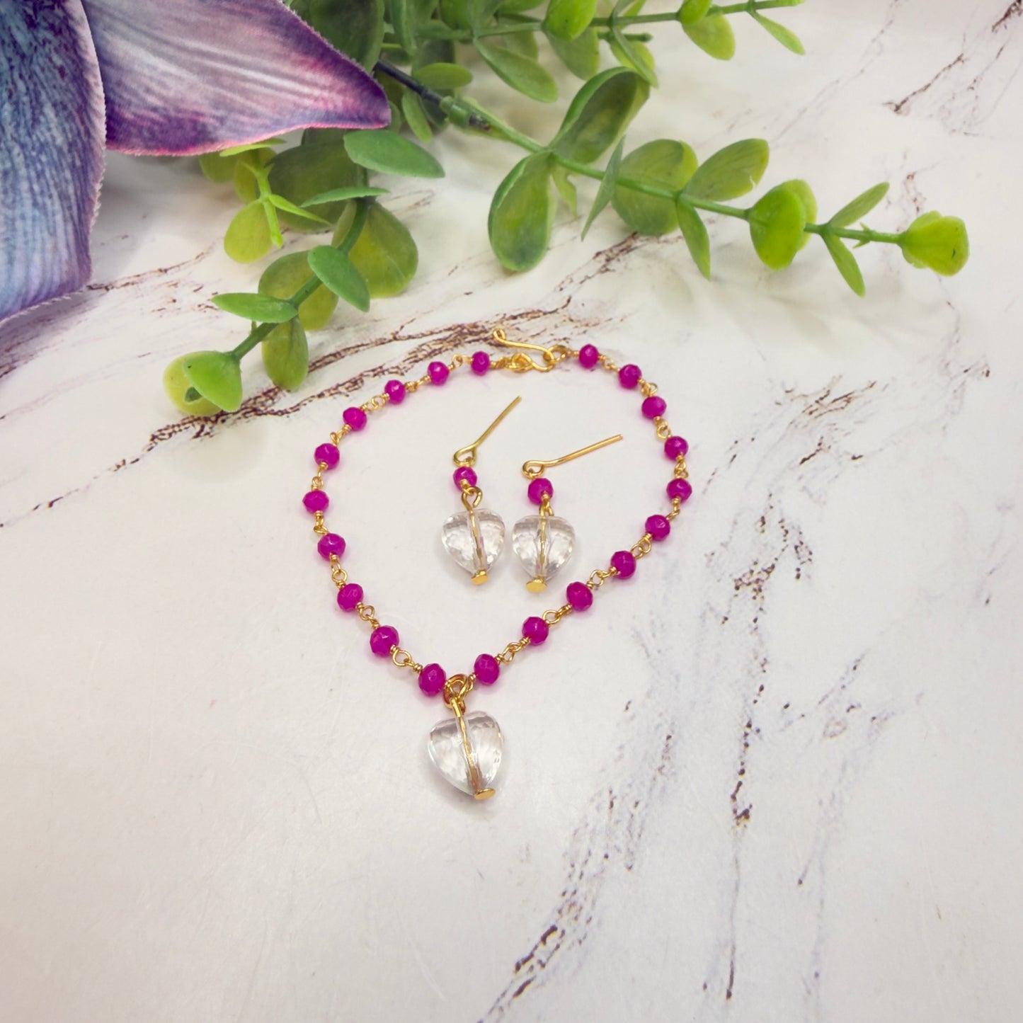 Fuchsia Pink Glass Crystal Bead Chain Clear Heart Charm Doll Necklace & Earrings • 18 Inch Fashion Doll Jewelry