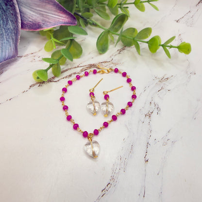 Fuchsia Pink Glass Crystal Bead Chain Clear Heart Charm Doll Necklace & Earrings • 18 Inch Fashion Doll Jewelry