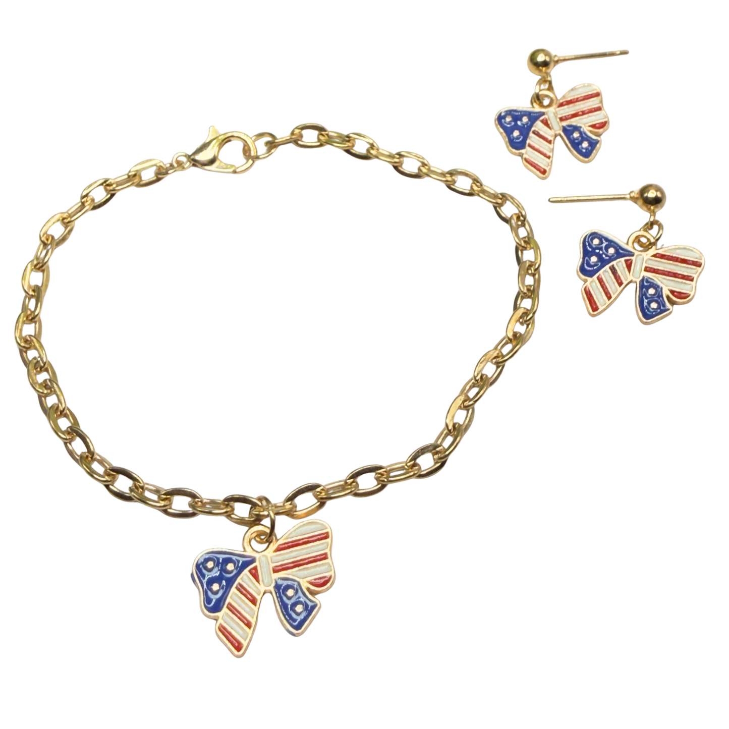 American Flag Bow Charm (Red White Blue) Doll Necklace & Earrings for 18 Inch Fashion Doll