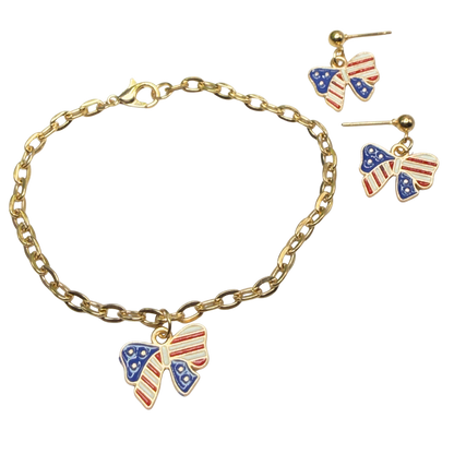American Flag Bow Charm (Red White Blue) Doll Necklace & Earrings for 18 Inch Fashion Doll