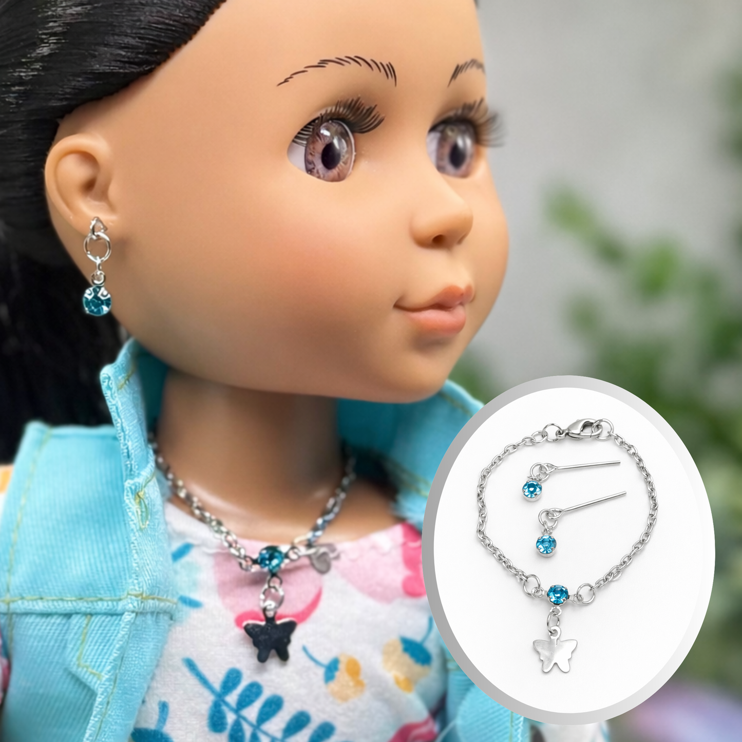 Teal Blue Rhinestone Silver Butterfly Charm Doll Necklace & Earrings Set for 14 Inch Fashion Dolls
