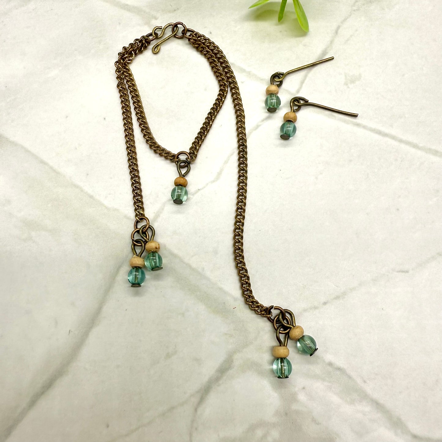 Blue Green Beige Beaded Dangle Doll Necklace Earring Set • 16 Inch Doll Jewelry