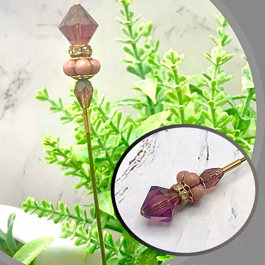 Dusky Pink & Purple Crystal w/ Clear Rhinestone Accent - 6” Pin • Hatpin