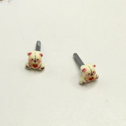 Teddy Bear w/ Red Heart & Stitch Pattern Post Doll Earrings • 2mm Post for 18 Inch Fashion Doll