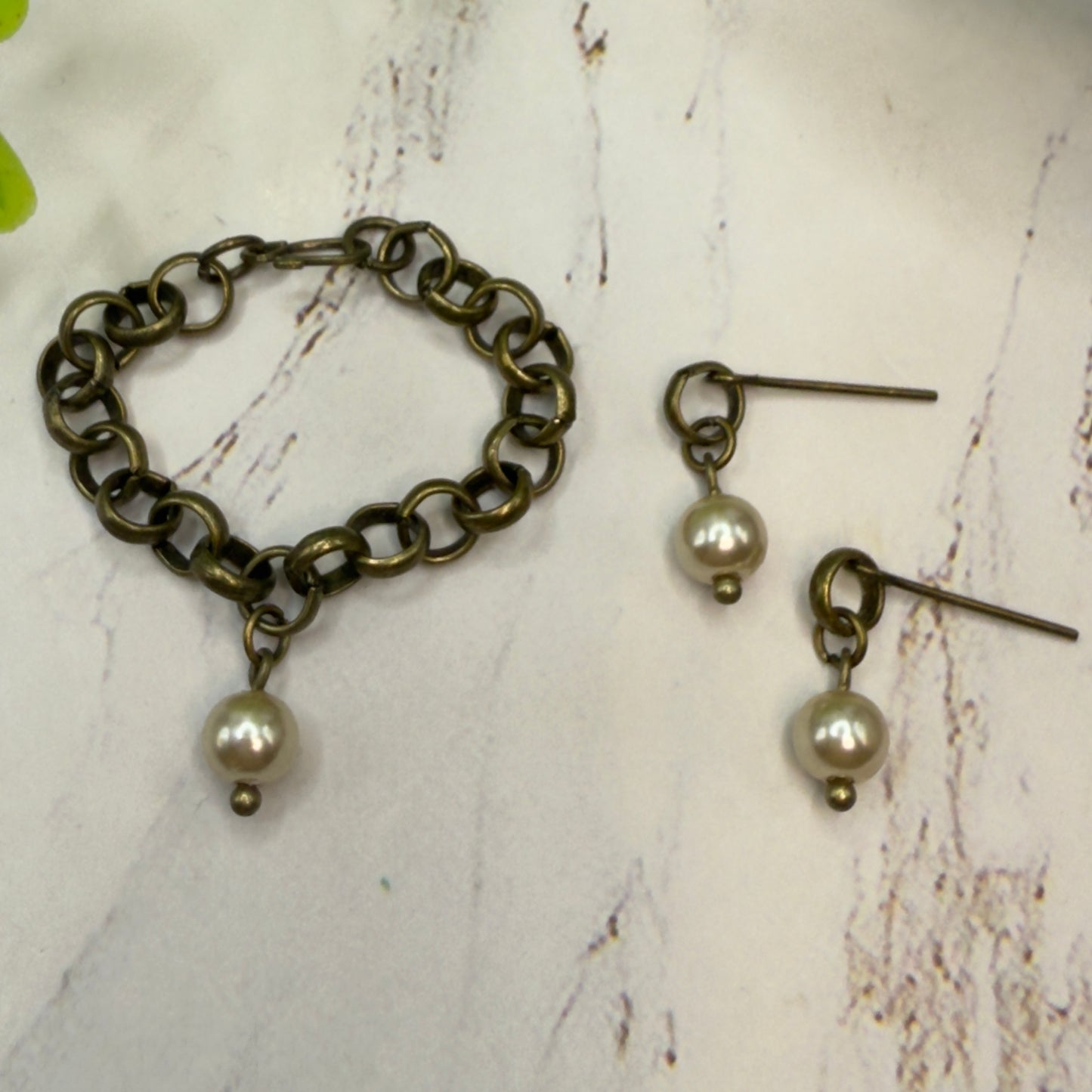 Brass Bronze Large Link Pearl Dangle Doll Necklace & Earrings Set • 16 Inch Fashion Doll Jewelry