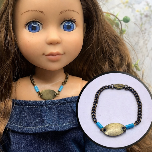Turquoise Blue Brass Gold Oval Pendant Necklace for 14 inch Wellie Wisher Doll