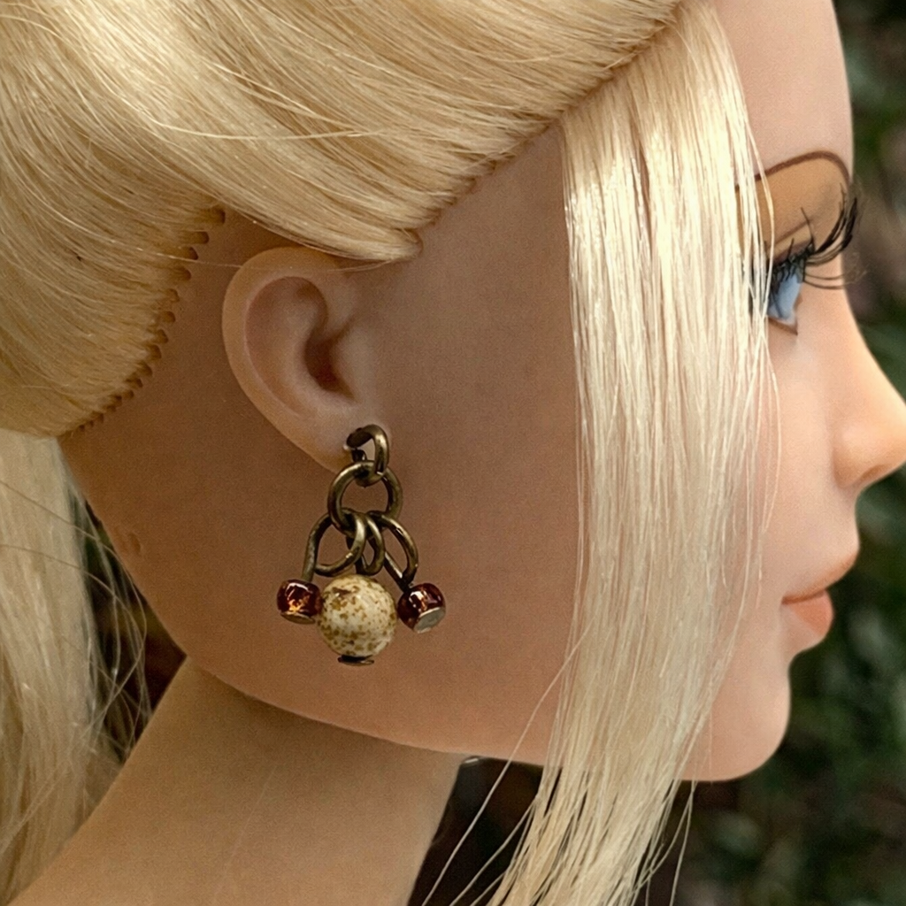 Brown Glass Marble Speckled Multi Dangle Doll Earrings • 16” Doll Jewelry