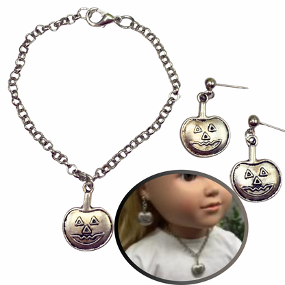 Silver Pumpkin Jack-O-Lantern Halloween Charm Doll Necklace and Earrings Set • 18 Inch Fashion Doll Jewelry