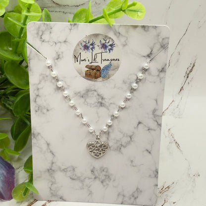 Silver Filigree Heart Charm Pearl Beaded Doll Necklace • 18 Inch Fashion Doll Jewelry