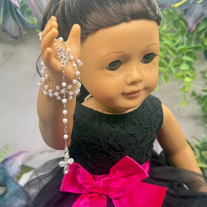 White Pearl Silver Chain & Cross • Doll Size Catholic Rosary for 18-22” Fashion or Vintage Dolls