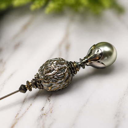Gray Pearl Silver Gold Tone Filigree • 8.75” • Hatpin