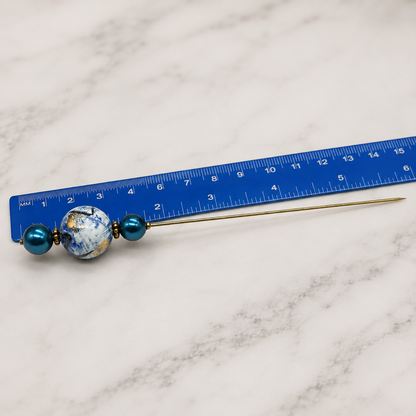 Blue Swirl Beaded - Gold Tone Findings 6” Pin • Hatpin - Stick Pin