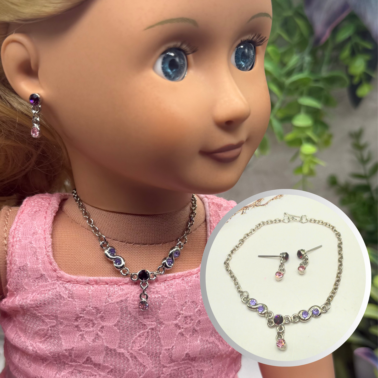 Pink Purple Rhinestone Silver Doll Necklace & Earrings Set • 18 Inch Fashion Doll Jewelry