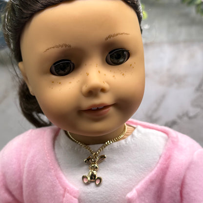 Gold Floppy Ear Bunny Light Pink Enamel Accent Charm Doll Necklace • 18 Inch Fashion Doll Jewelry
