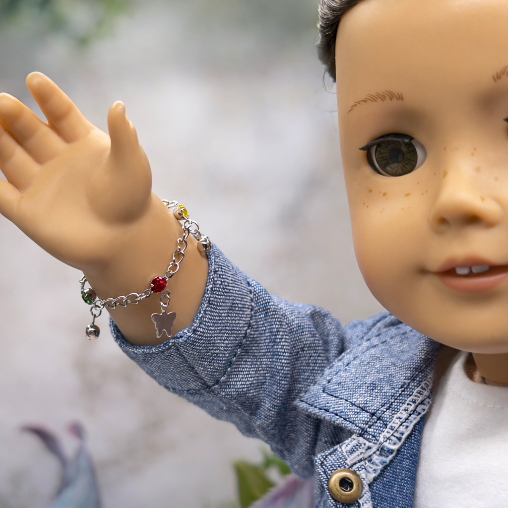 Butterfly Silver Charm and Multi-Color Rhinestone Dangle Doll Bracelet • 18 Inch Fashion Doll Jewelry