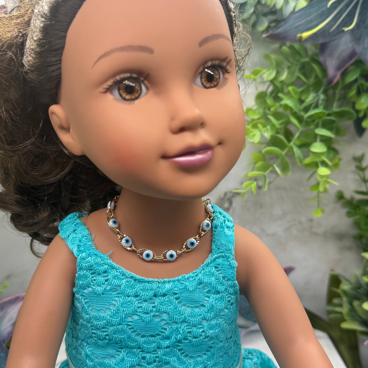 Blue Evil Eye Good Luck Gold Link Doll Necklace • 18 Inch Fashion Doll Jewelry