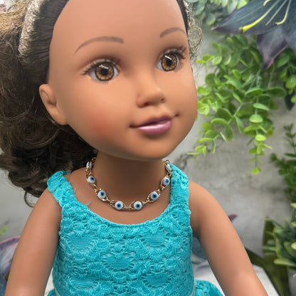 Blue Evil Eye Good Luck Gold Link Doll Necklace • 18 Inch Fashion Doll Jewelry