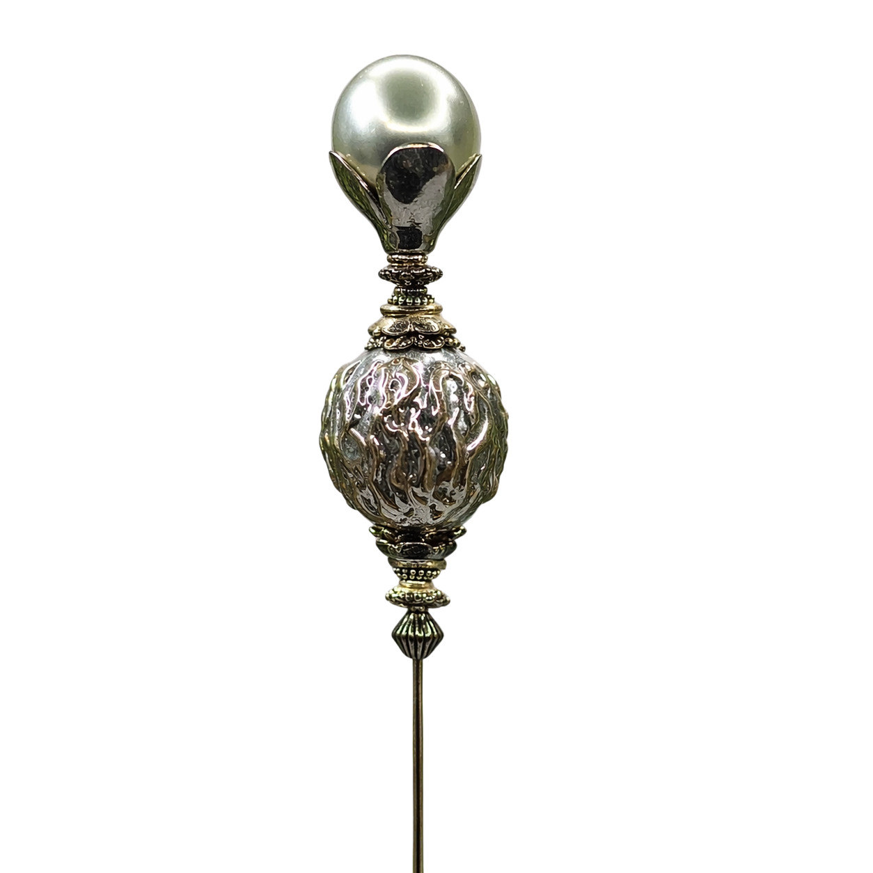 Gray Pearl Silver Gold Tone Filigree • 8.75” • Hatpin