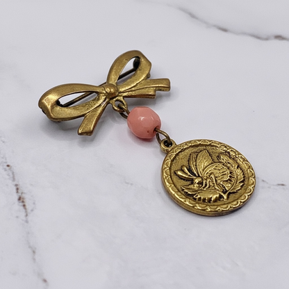 Gold Tone Bow Pin Pink Bead Gold Butterfly Flower Design Dangle • Doll Brooch