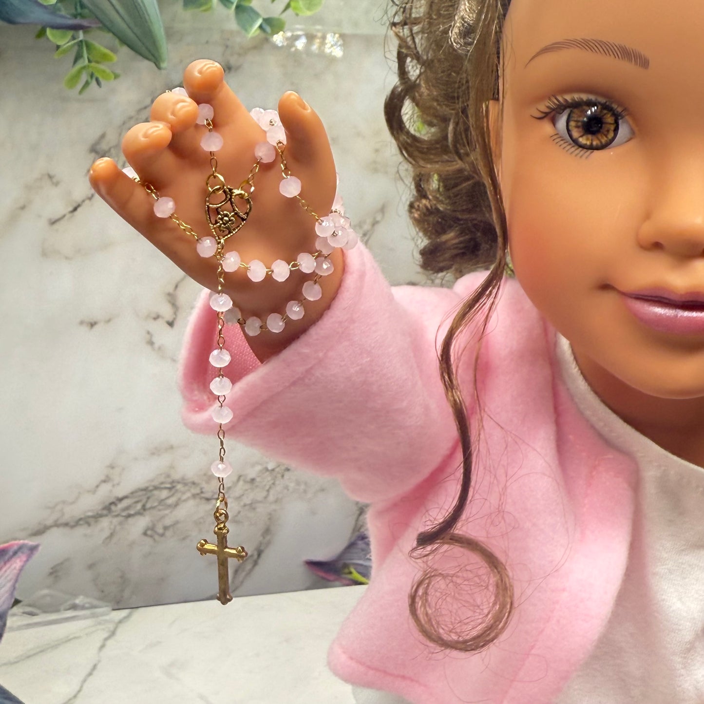 Light Pink Glass Crystal Gold Cross • Doll Size Catholic Rosary for 18-22” Fashion or Vintage Dolls