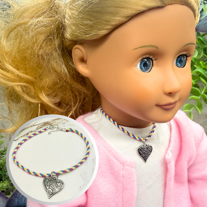 Braided Thread Purple Blue Yellow Doll Necklace w/ Silver Heart Charm • 18 Inch Fashion Doll Jewelry