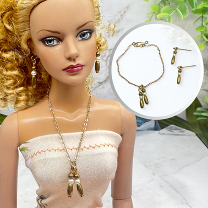 Bronze Brass Tone Pearl & Metal Bead Dangle Doll Necklace Earrings Set • 16 Inch Fashion Doll Jewelry