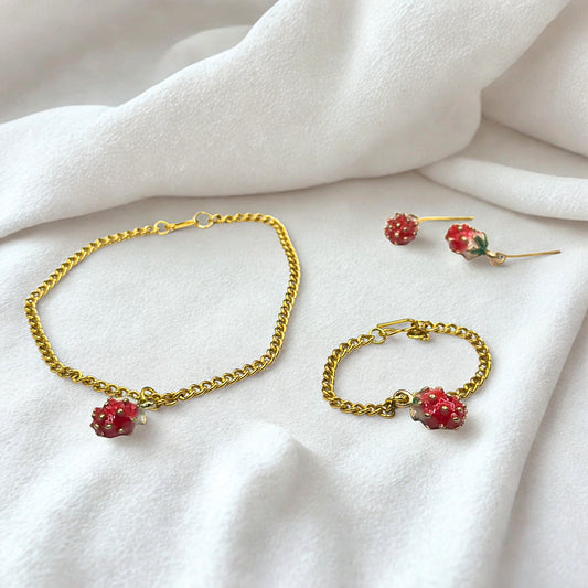 Strawberry Enamel Design Charm Doll Necklace - Bracelet & Earrings Set • 18 Inch Fashion Doll Jewelry