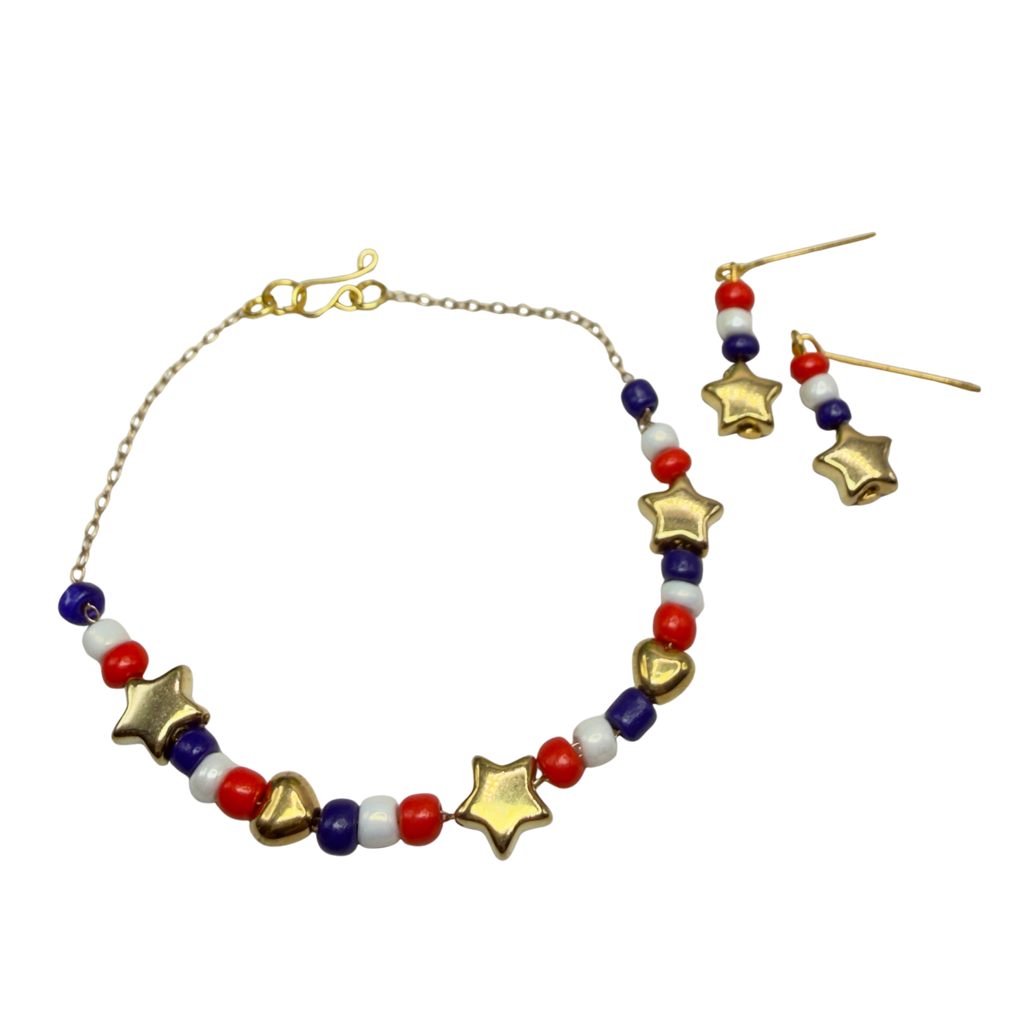 Red White Blue Beaded Americana Gold Star Heart Doll Necklace & Earrings Set for 18 Inch Fashion Doll