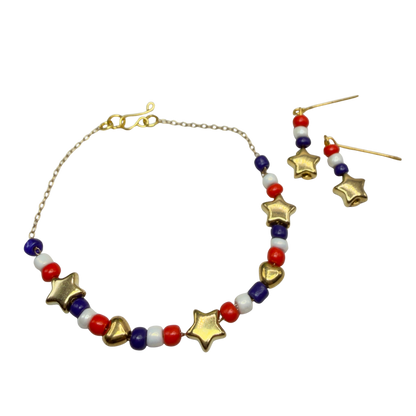 Red White Blue Beaded Americana Gold Star Heart Doll Necklace & Earrings Set for 18 Inch Fashion Doll