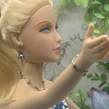 Grayish Green Crystal Silver Chain Doll Necklace Earring Bracelet Set • 16” Doll Jewelry