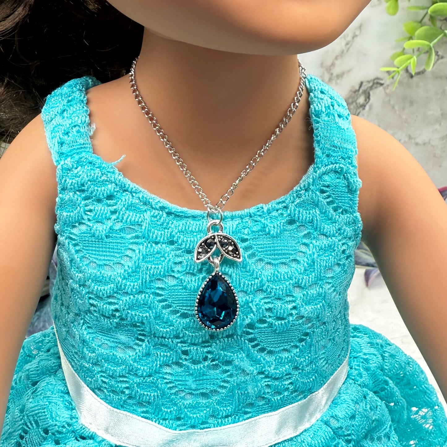 Dark Turquoise Teardrop Rhinestone Pendant Doll Necklace • 18 Inch Fashion Doll Jewelry