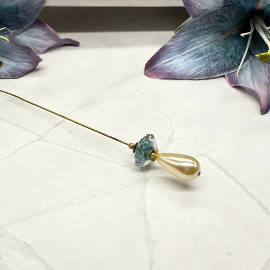Teardrop Pearl Translucent Blue Green Gold Accent •  8” Pin Hatpin - Stick Pin