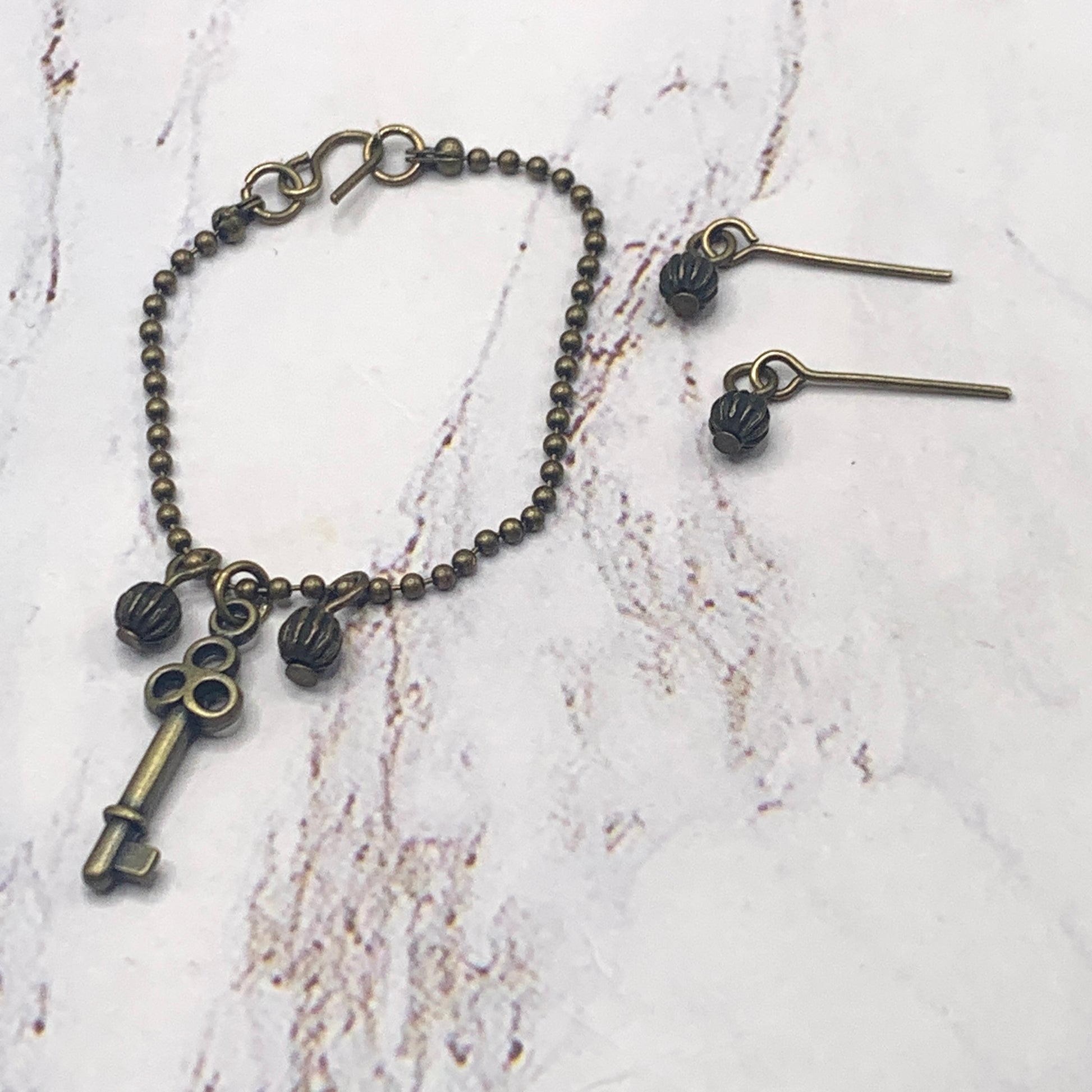Bronze Key Pendant Chain Doll Necklace Matching Earrings Set • 16” Doll Jewelry