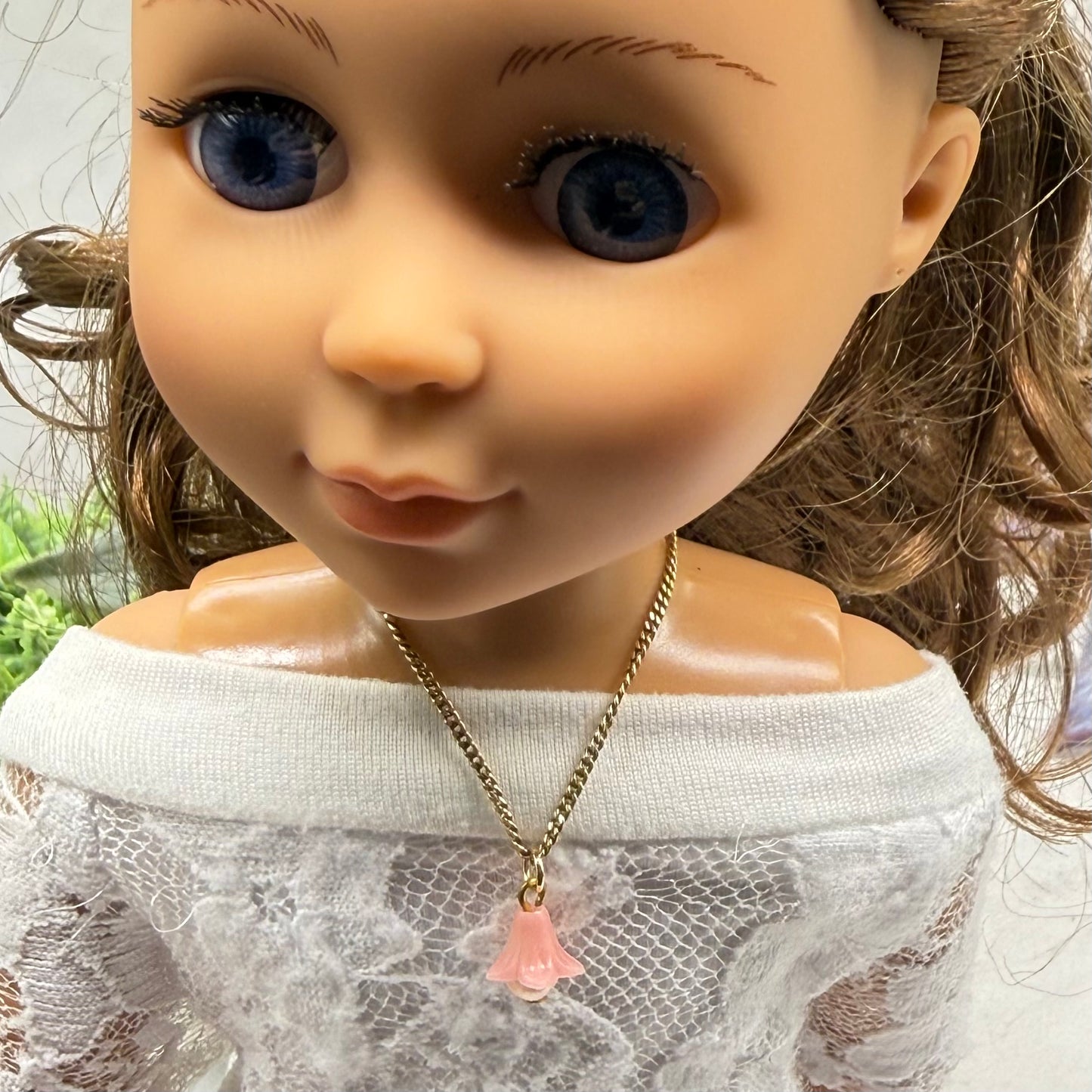 Pink Bell Flower Pearl Center Charm Gold Chain Doll Necklace • 14 Inch Fashion Doll Jewelry