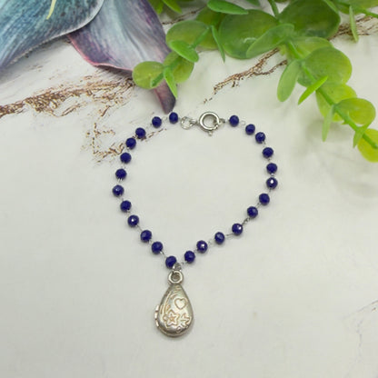 Blue Glass Crystal Beaded Chain Silver Teardrop Heart Flower Design Pendant Doll Necklace • 18 Inch Fashion Doll Jewelry