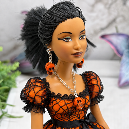 Orange Skull Halloween Necklace and Earrings |for 10-12 Inch Fashion Doll • 1:6 Scale