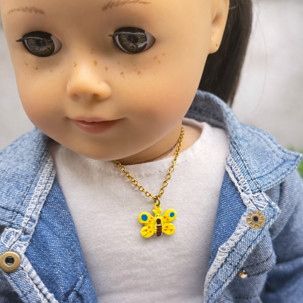 Yellow Enamel Butterfly Charm Gold Chain Doll Necklace • 18 Inch Fashion Doll Jewelry