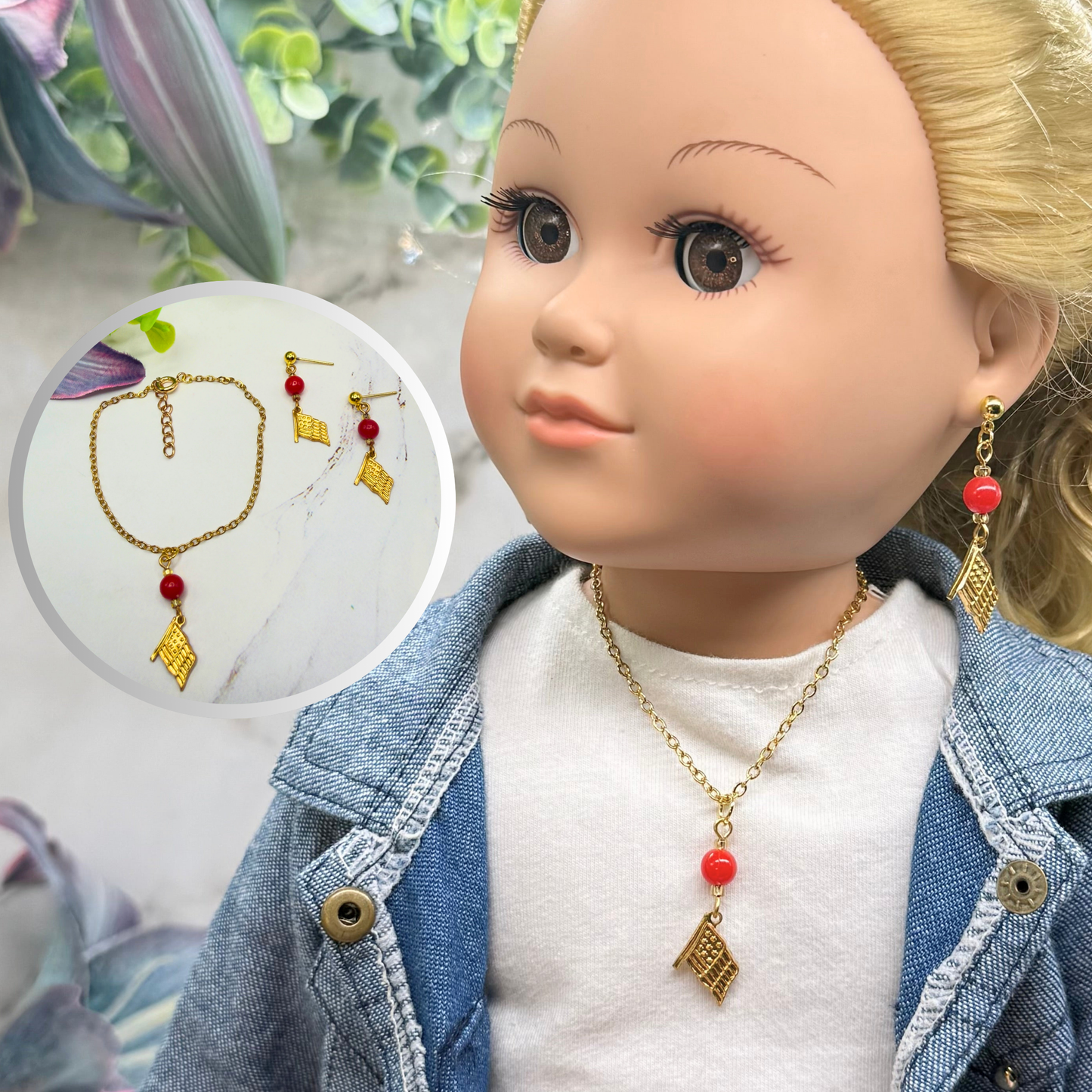 Red Bead Gold Flag Dangle Doll Necklace & Earrings Set for 18 Inch Fashion Doll
