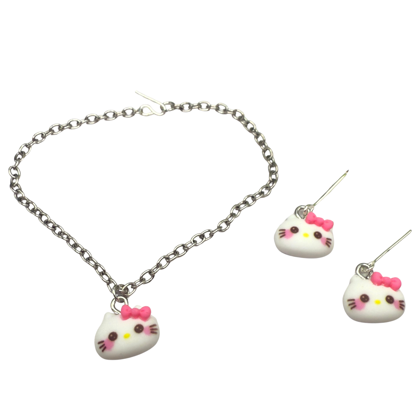 Hello Cat Pink Bow Kitty Charm Doll Necklace and Earrings Set • 18 Inch Fashion Doll Jewelry