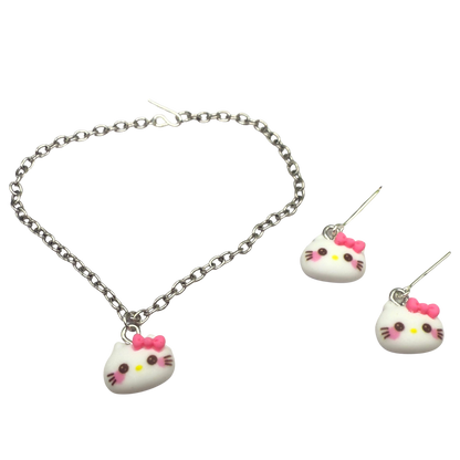 Hello Cat Pink Bow Kitty Charm Doll Necklace and Earrings Set • 18 Inch Fashion Doll Jewelry