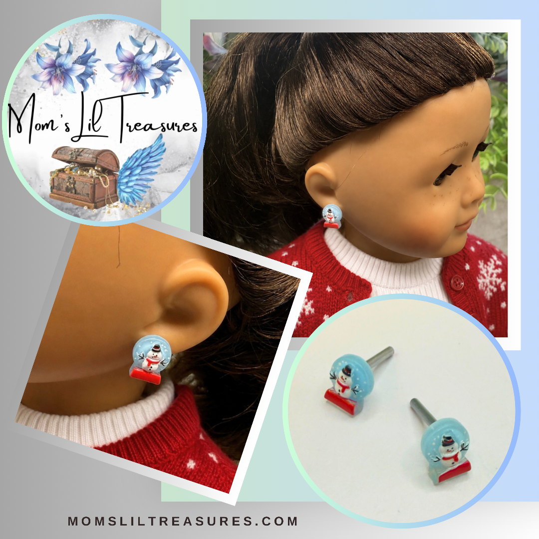 Light Blue Snow Globe Snowman Christmas  Post Doll Earrings • 2mm Post for 18 Inch Fashion Doll