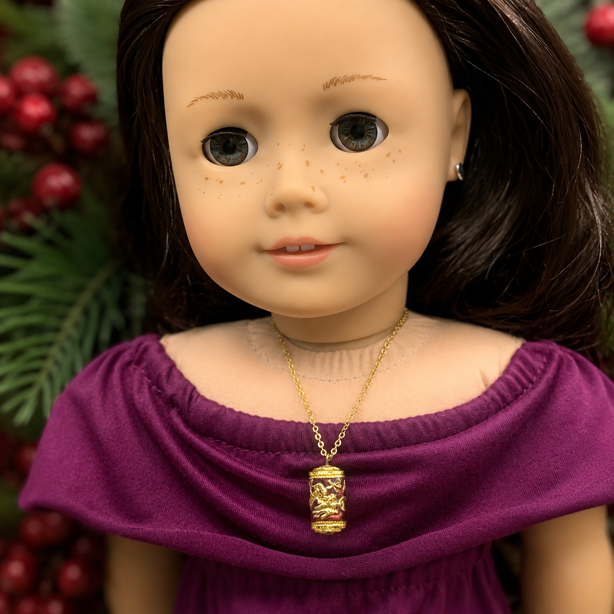 Cloisonne Burgundy Gold Design Pendant Doll Necklace • 18” Fashion Doll Jewelry
