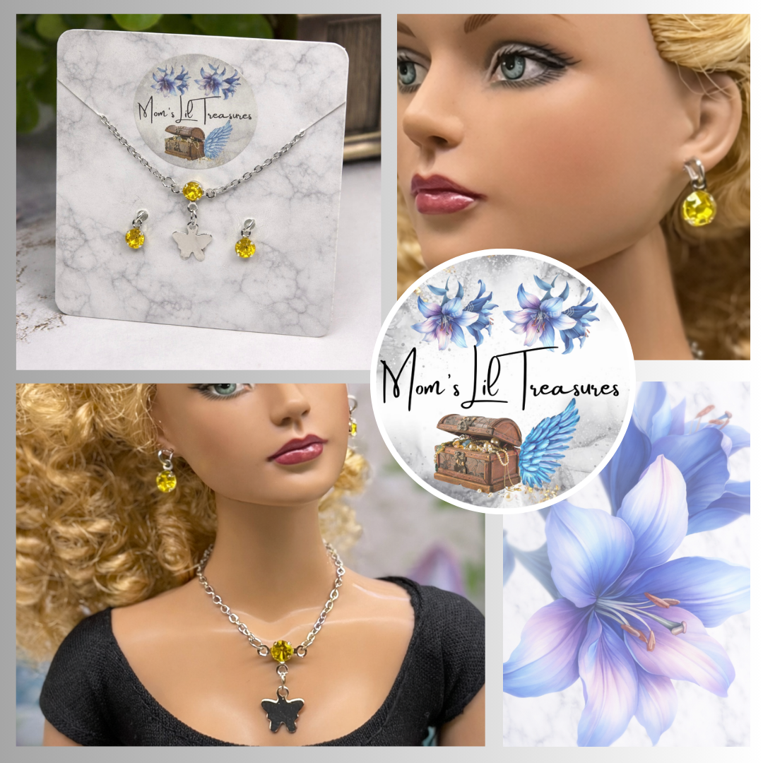 Yellow Rhinestone Silver Butterfly Charm Doll Necklace & Earrings for 16 Inch Fashion Dolls