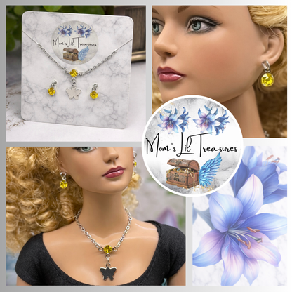 Yellow Rhinestone Silver Butterfly Charm Doll Necklace & Earrings for 16 Inch Fashion Dolls
