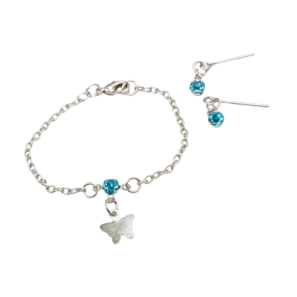 Teal Blue Rhinestone Silver Butterfly Charm Doll Necklace & Earrings Set for 14 Inch Fashion Dolls